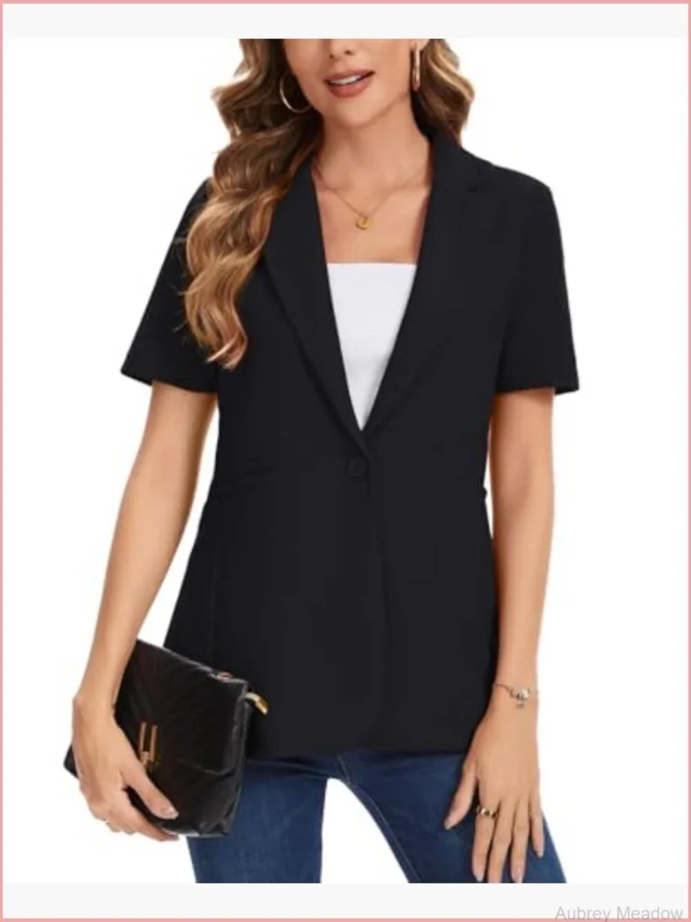 Short Sleeve Blazer Business Casual Notched Lapel Button Front Jacket Work
